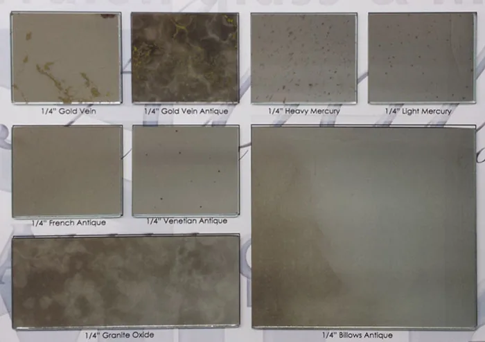 Antique and tinted mirror samples used for custom framed mirrors in Van Nuys